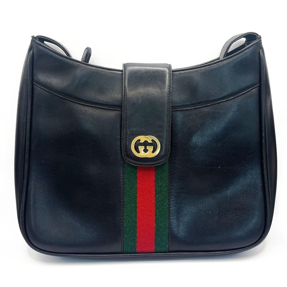 Authentic GUCCI Ophidia Logo Leather Vintage Shoulder Bag Purse Black - Picture 2 of 12